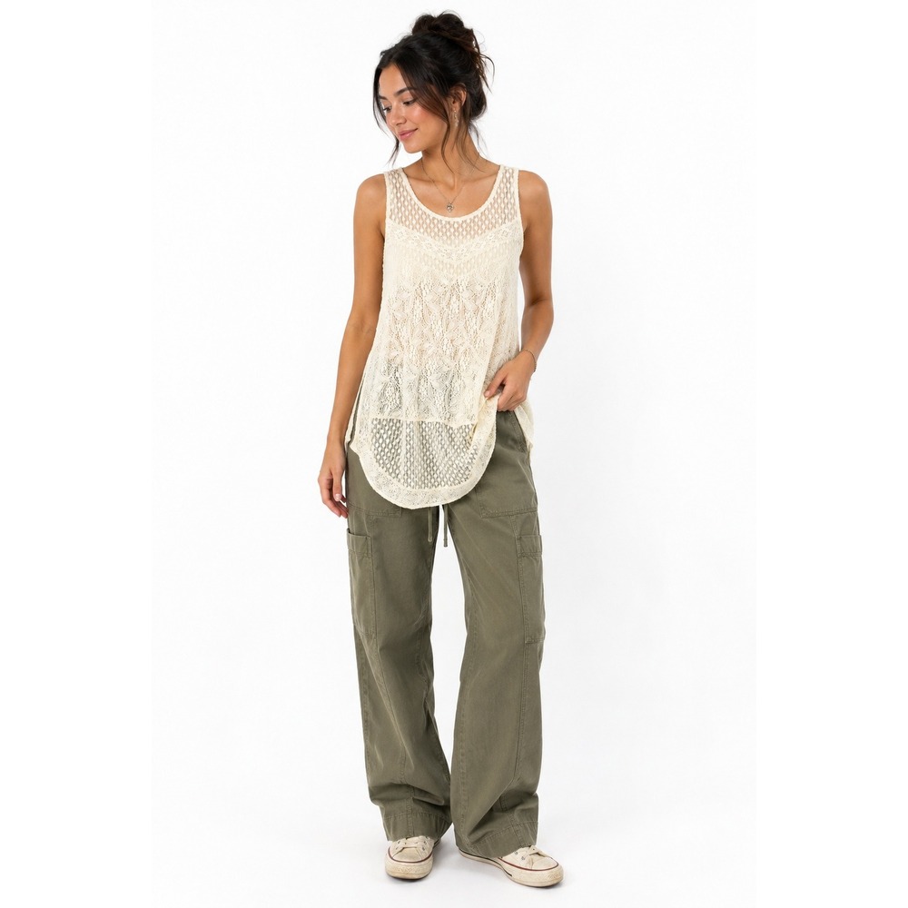 Cream Sheer Lace Mesh Tunic Top M Sleeveless Romantic Boho Fairy Festival 2010s